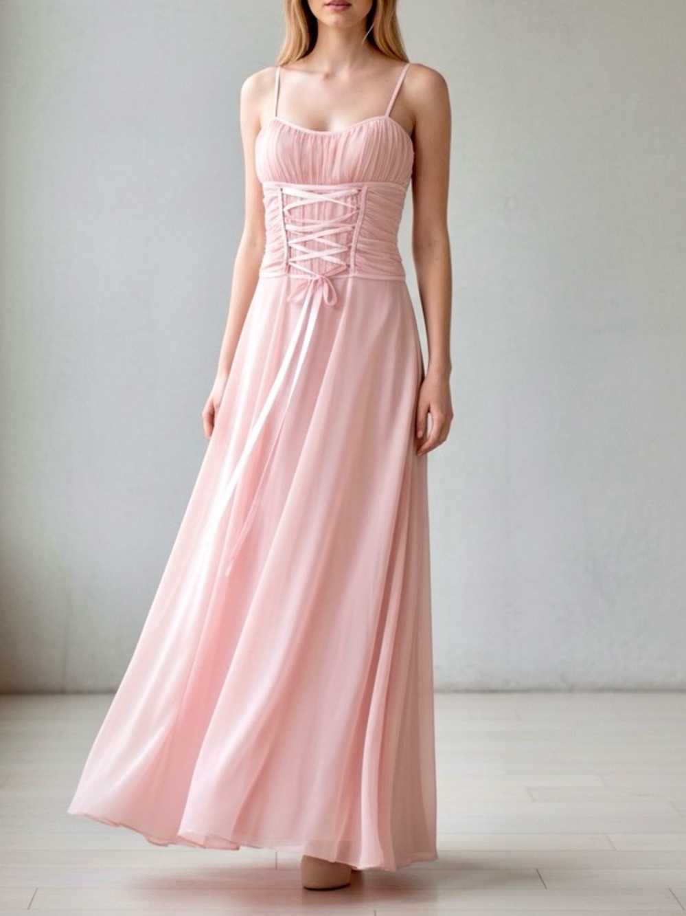 Tadashi Shoji Vintage Blush Pink Balletcore Lace-Up Mesh Maxi Dress Size 8 - Picture 1 of 11